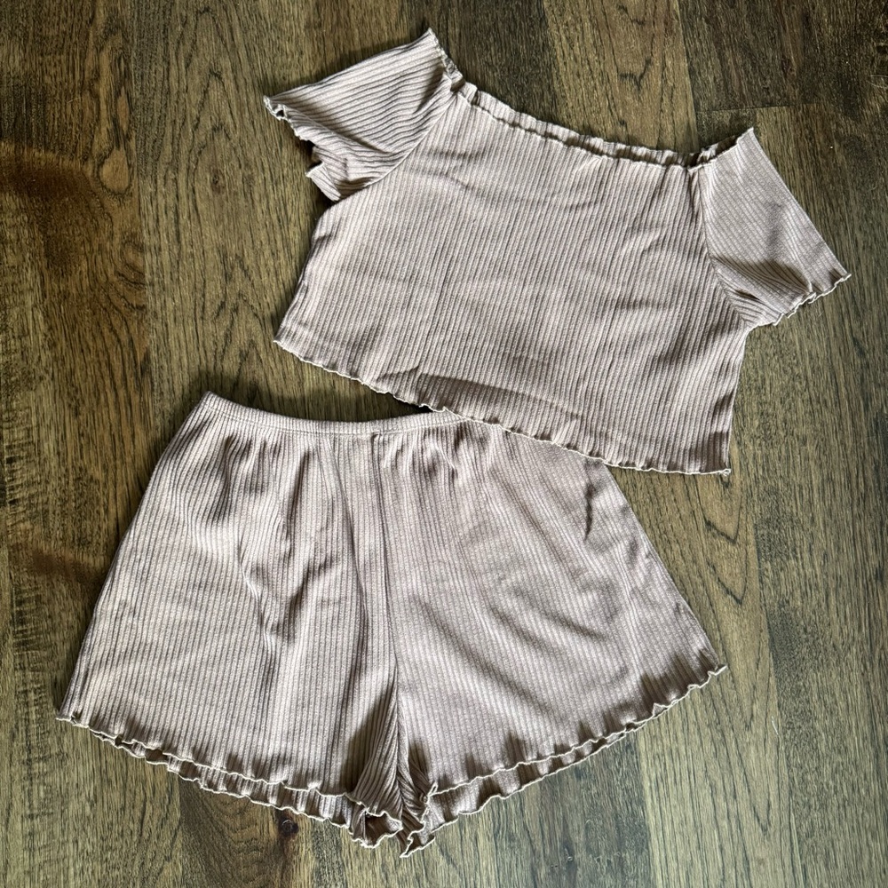Forever 21 Women's Ruffled Ribbed Set - Mocha